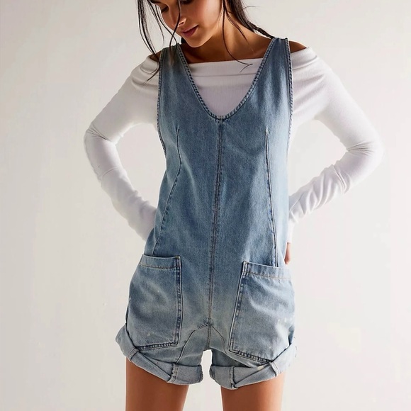 We The Free Pants - We the Free People High Roller Denim Romper Shortalls Overalls Onesie